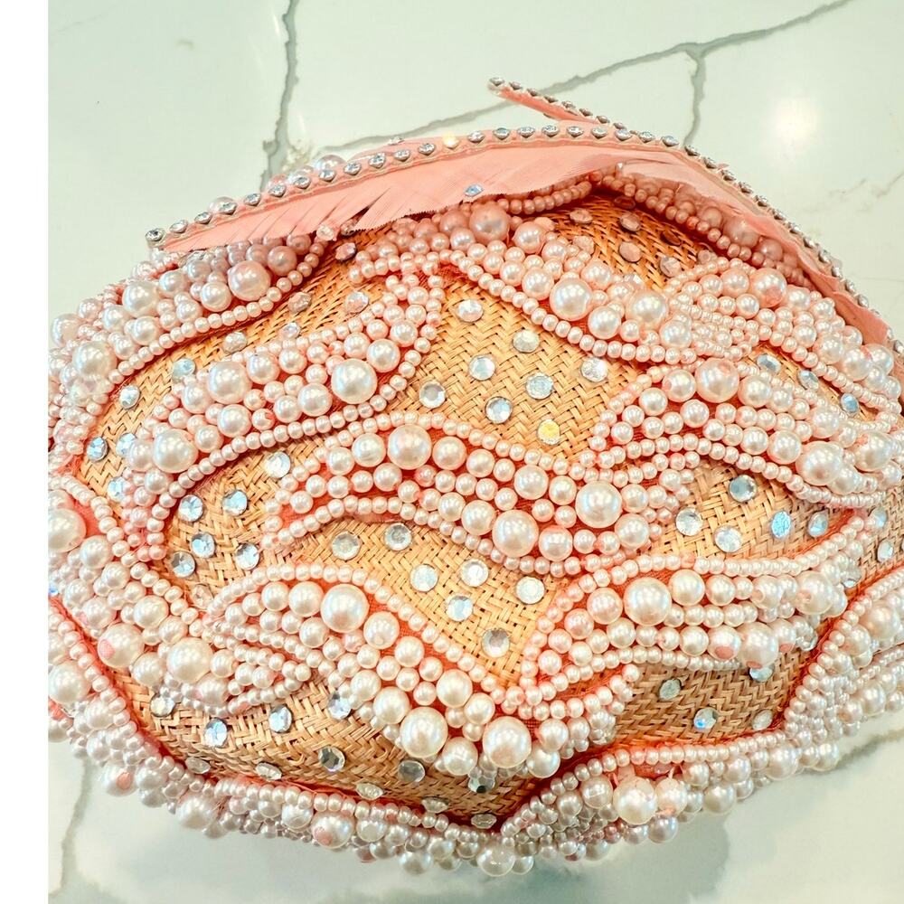 George Zamau'l‎ Couture | Rare Vintage 1940s Pink Felt Rhinestone Feather Hat - Picture 4 of 8